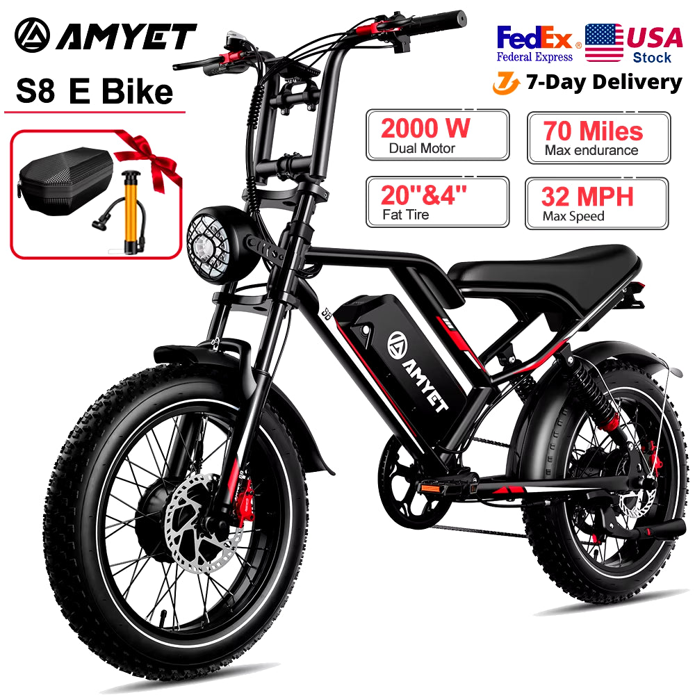 S8 Adults Electric Bike for Men 2000W Dual Motor Bicycle 48V 25AH Battery 20" Ebike Electric E Bikes Mountain Moped Ebikes