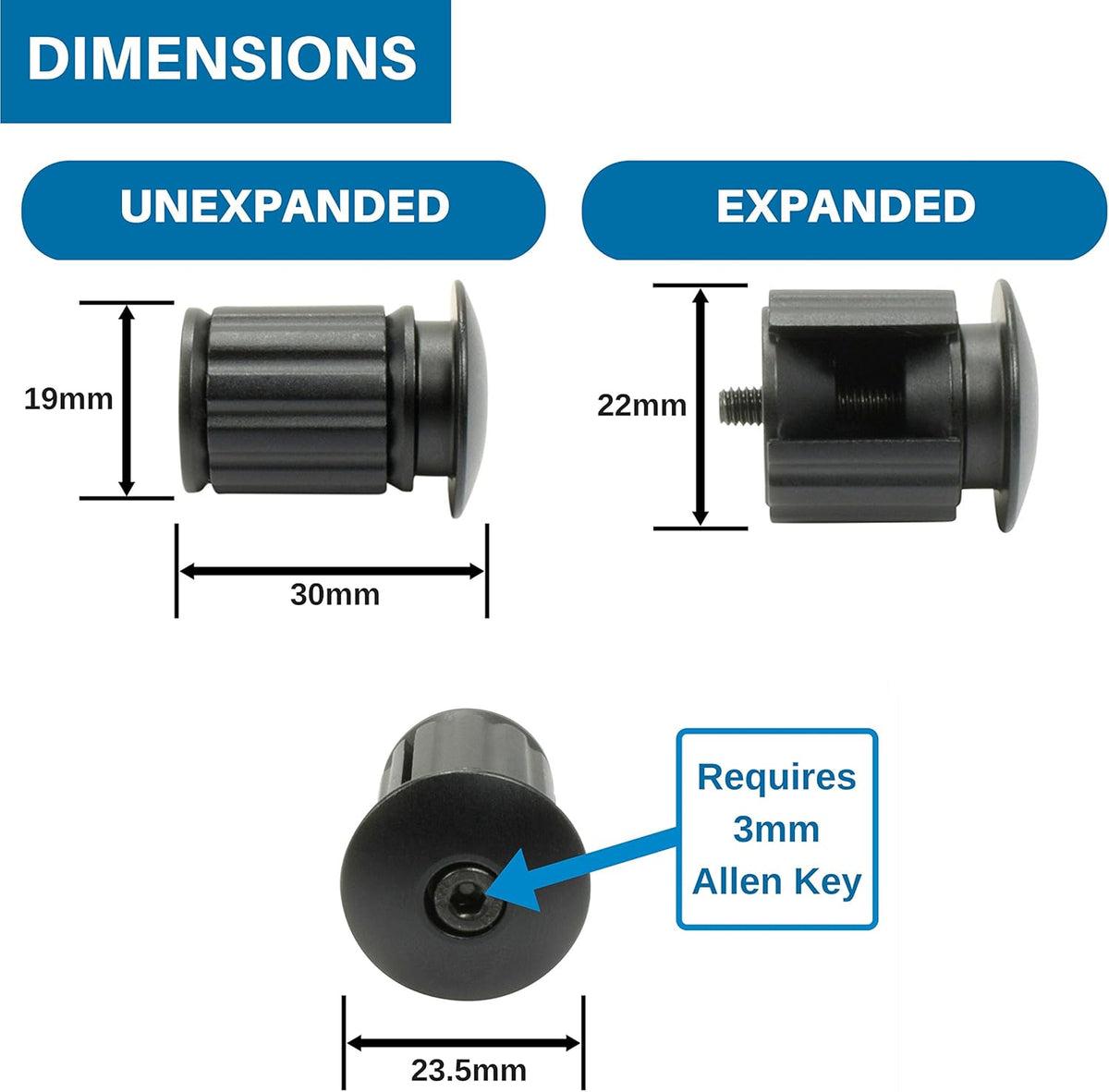 Handlebar End Plugs - Expanding, Aluminum and Adjustable Handlebar Bike Bar Ends for Road, Mountain, BMX, MTB Bicycle - 2 Set Plug or Cap for Bike Bars (Black)