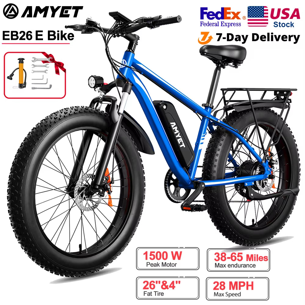 Electric Bike EB26 Blue Adults Electric Bicycle 31Mph Peak 1500W 720WH Ebike 26" Fat Tire Mountain Bike Electric Dirt Bike