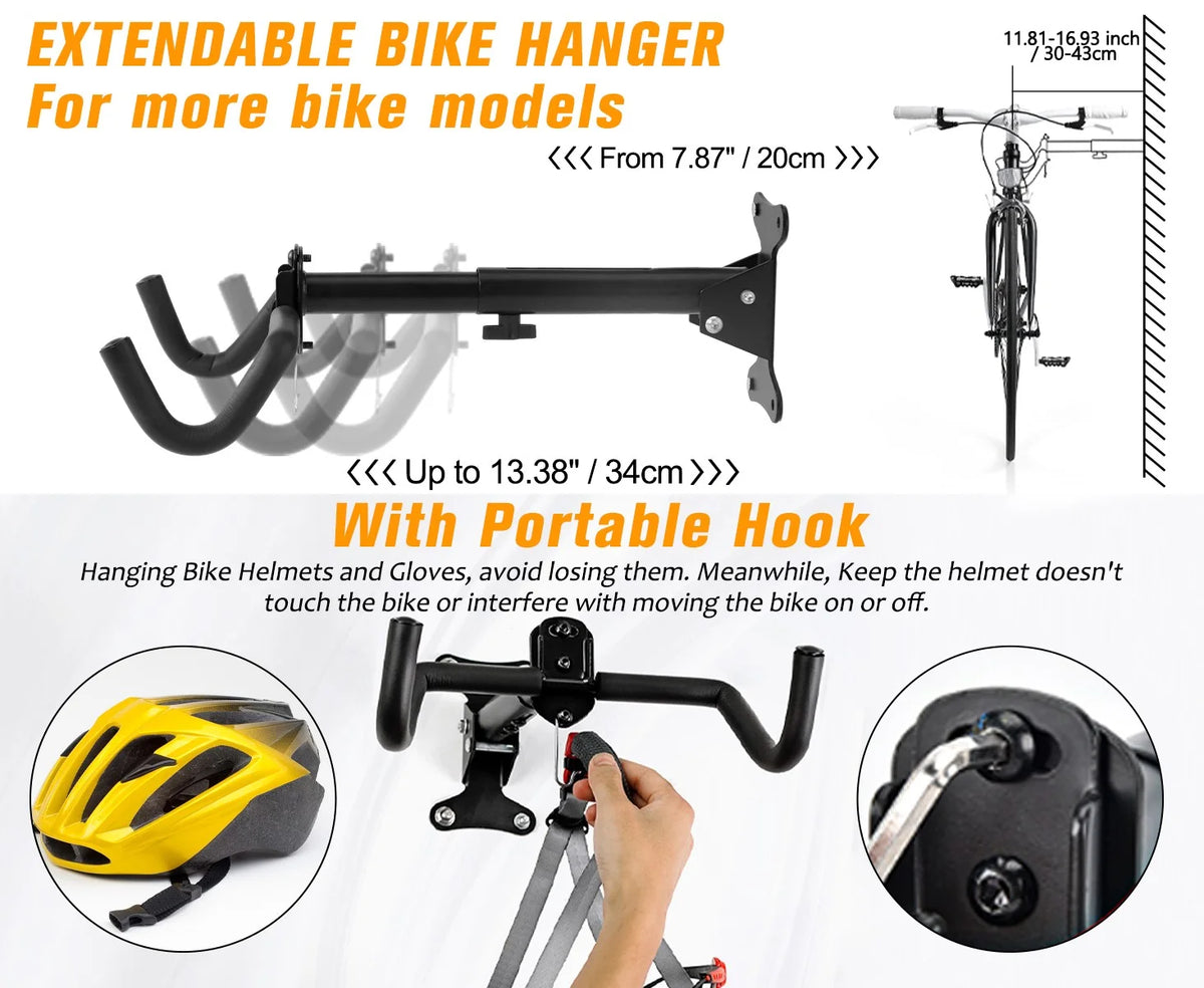 Bike Rack for Garage, Foldable Bicycle Storage Hooks Wall Mount Bike Hanger Holder for Hanging Mountain Road Bike BMX Kids Bike Children Bicycle with Helmet Hook, 2 Pack