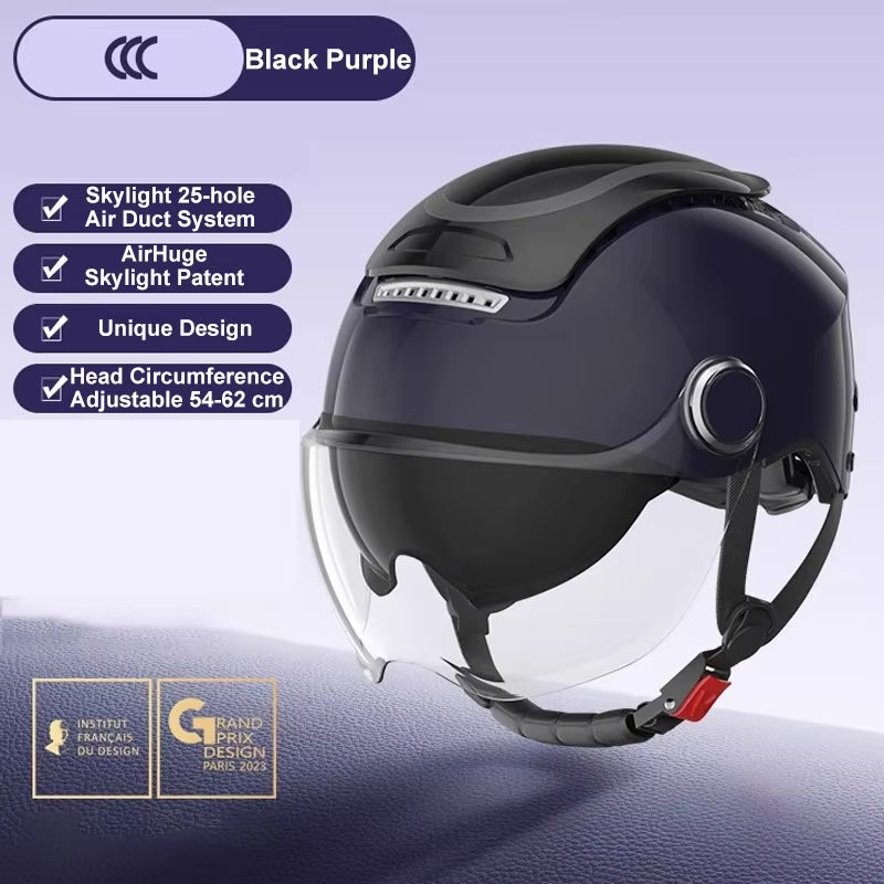 Electric Bike Helmet Summer Breathable Electric Motorcycle Open Face Helmet Men Women Dual Lenses Jet Scooter Half Helmets