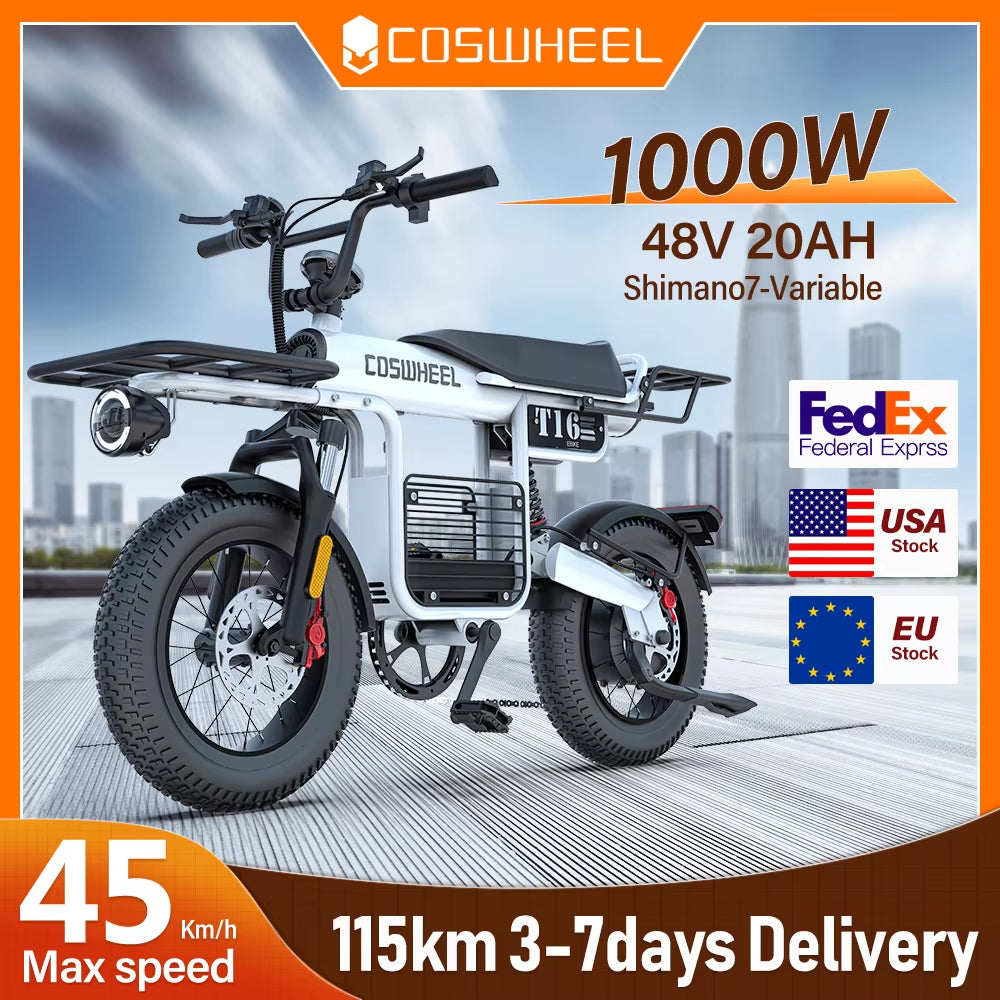 Electric Bike T16 Adult Mountain Ebikes Road Ebike 1000W 48V 20AH Fat Tire Cycling Outdoor City Commuting Electric Bike