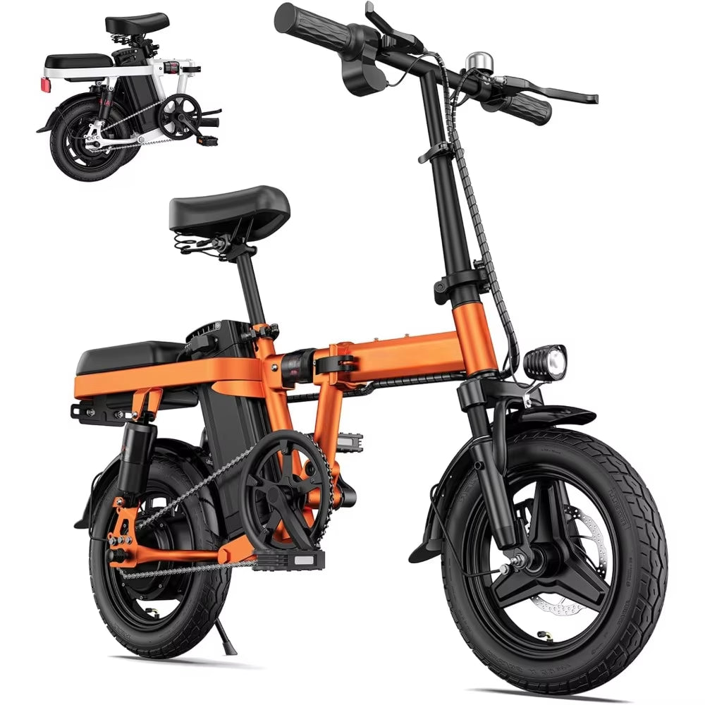 600W(Peak) Folding Electric Bike for Adults Teens - 48V10A Battery 14Inch Fat Tires E-Bike Full Suspension 19.2MPH 25Miles Range