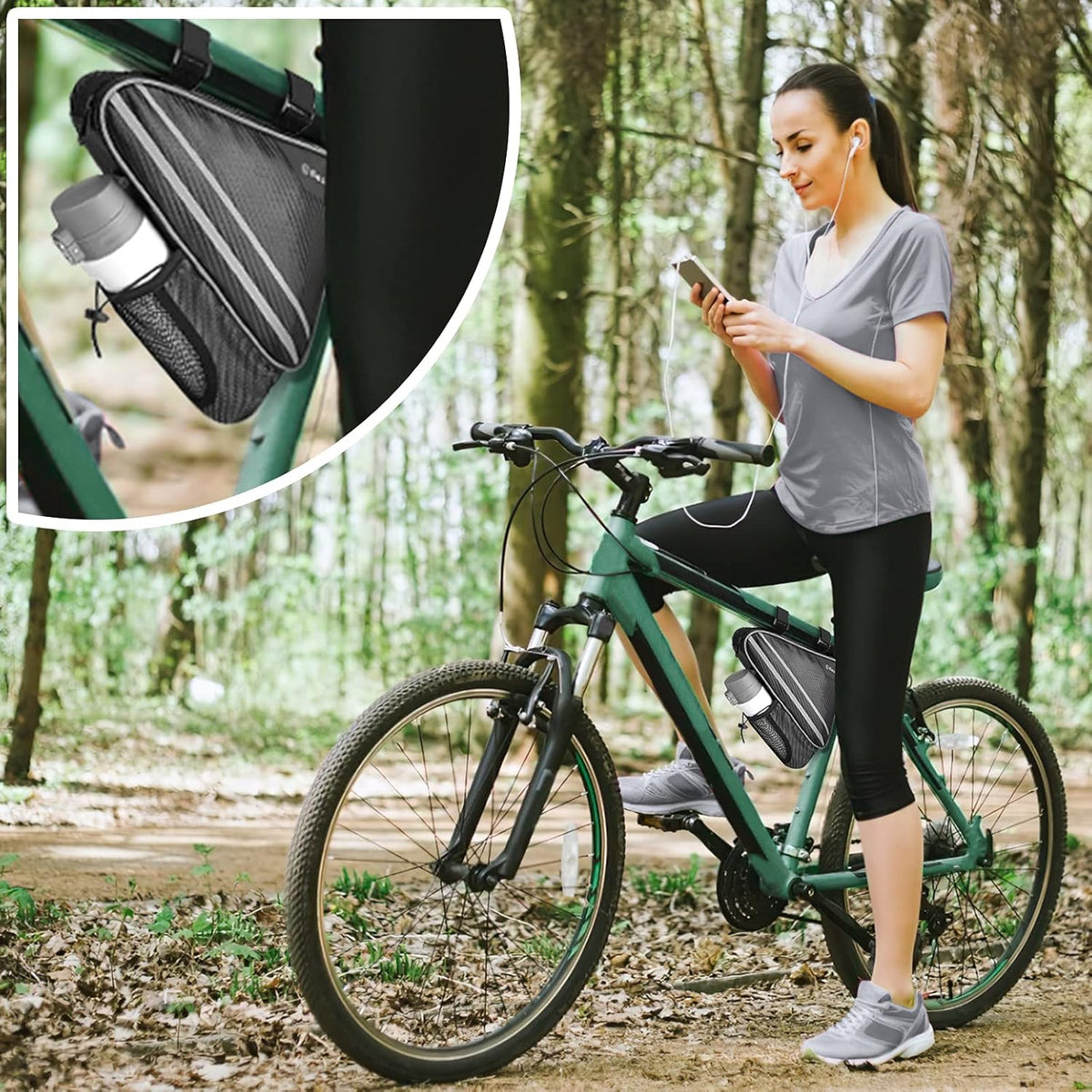 Bike Accessories Triangle Bag, Bike Bags with Bike Water Bottle Holder and Reinforced PE Frame for Storage