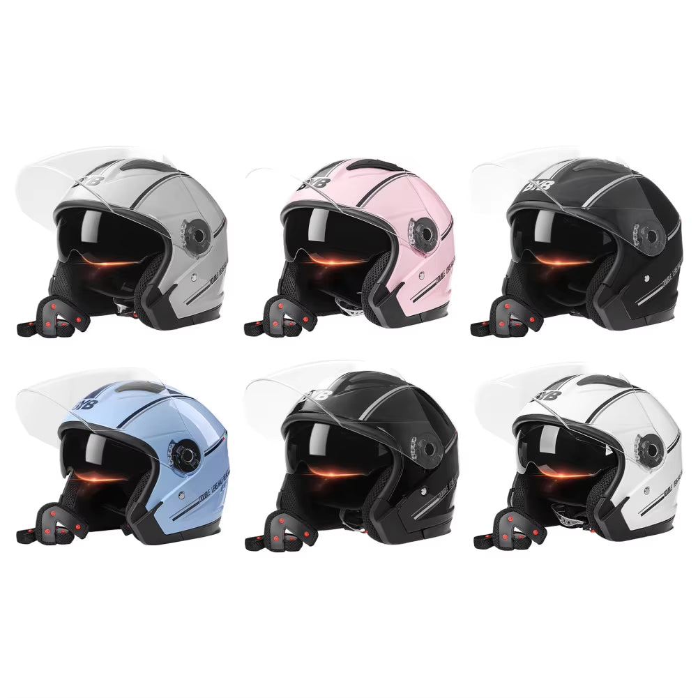 Motorcycle Open Face Helmet Flip up Dual Lens Clear Visors Sun Shield Lightweight Bike Retro 3/4 Half Helmets for Men Women