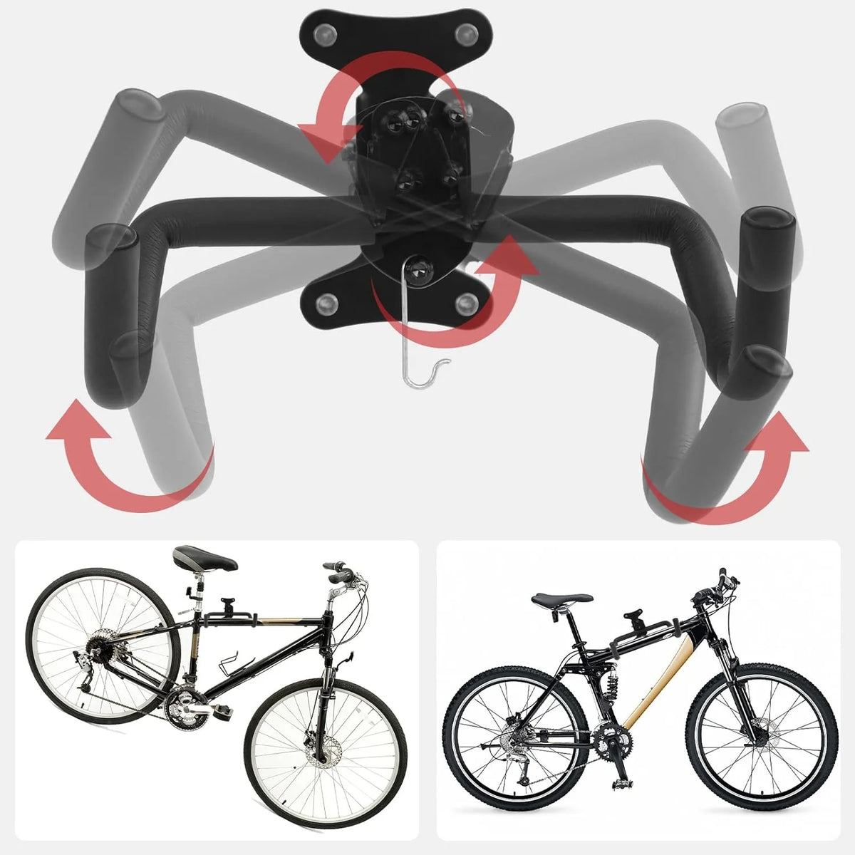 Bike Rack for Garage, Foldable Bicycle Storage Hooks Wall Mount Bike Hanger Holder for Hanging Mountain Road Bike BMX Kids Bike Children Bicycle with Helmet Hook, 2 Pack