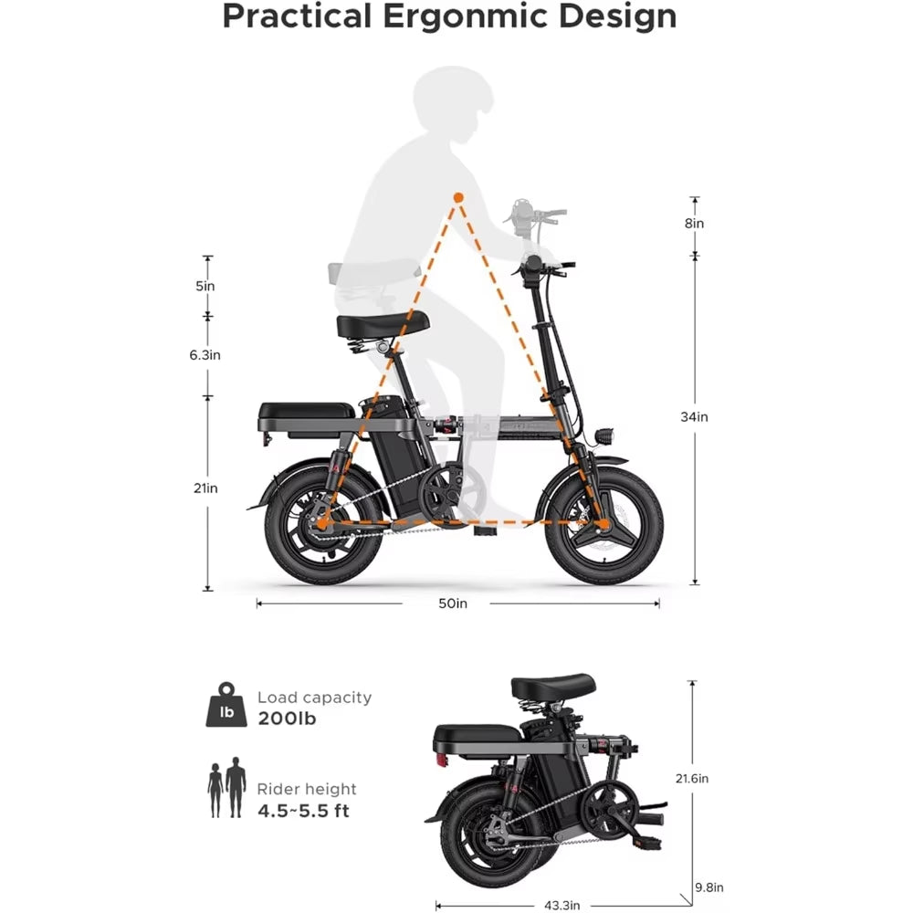 600W(Peak) Folding Electric Bike for Adults Teens - 48V10A Battery 14Inch Fat Tires E-Bike Full Suspension 19.2MPH 25Miles Range