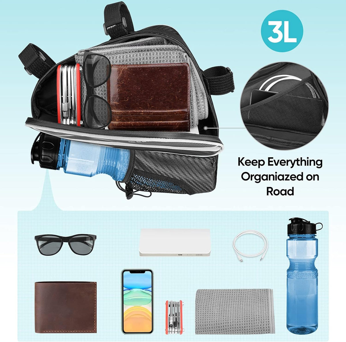 Bike Accessories Triangle Bag, Bike Bags with Bike Water Bottle Holder and Reinforced PE Frame for Storage