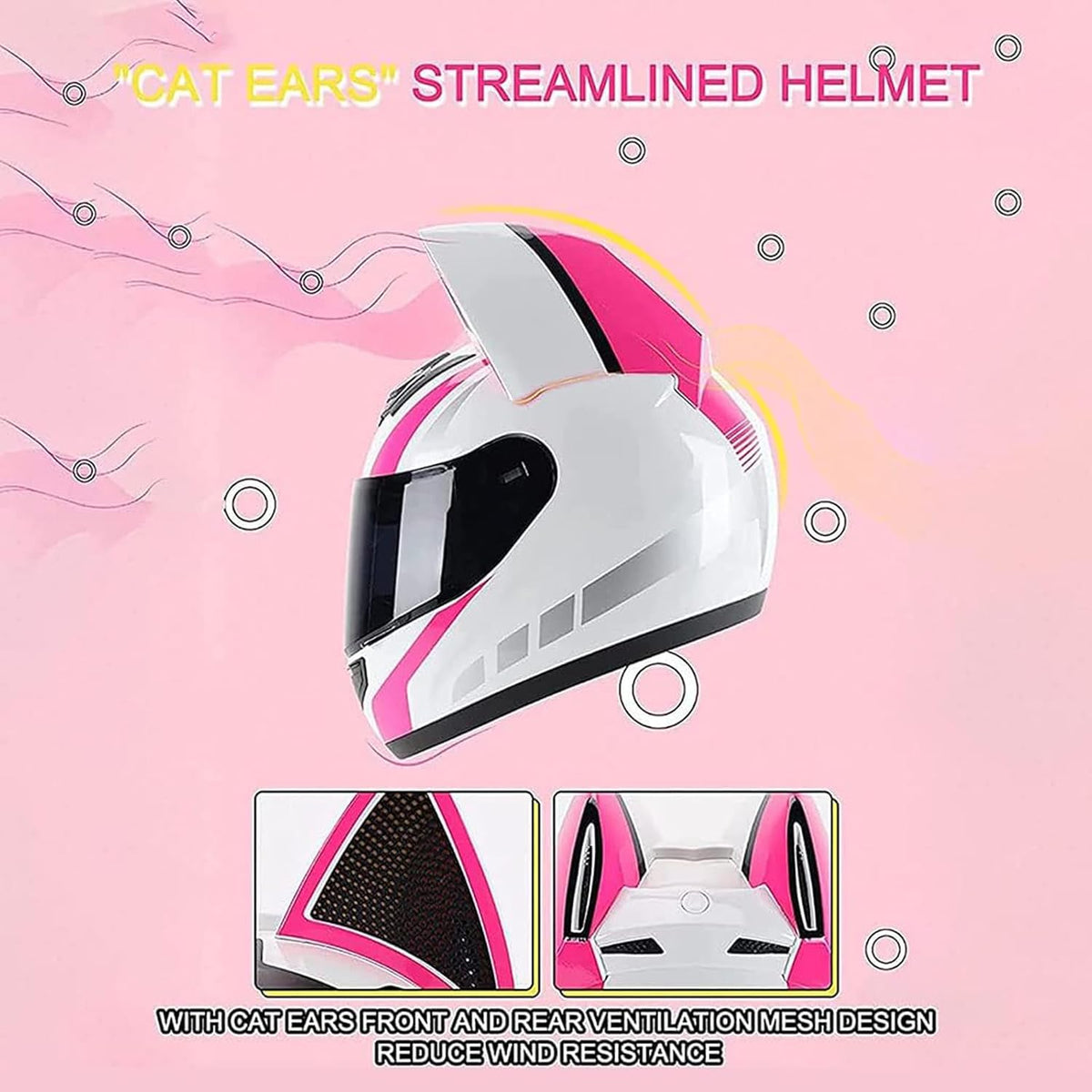 Flip up Motorbike Modular Helmet Full Face Motorcycle Helmet, Cute Cat Ears Helmets with HD Visor Ventilation System DOT Approved, for Men and Women,D1,M