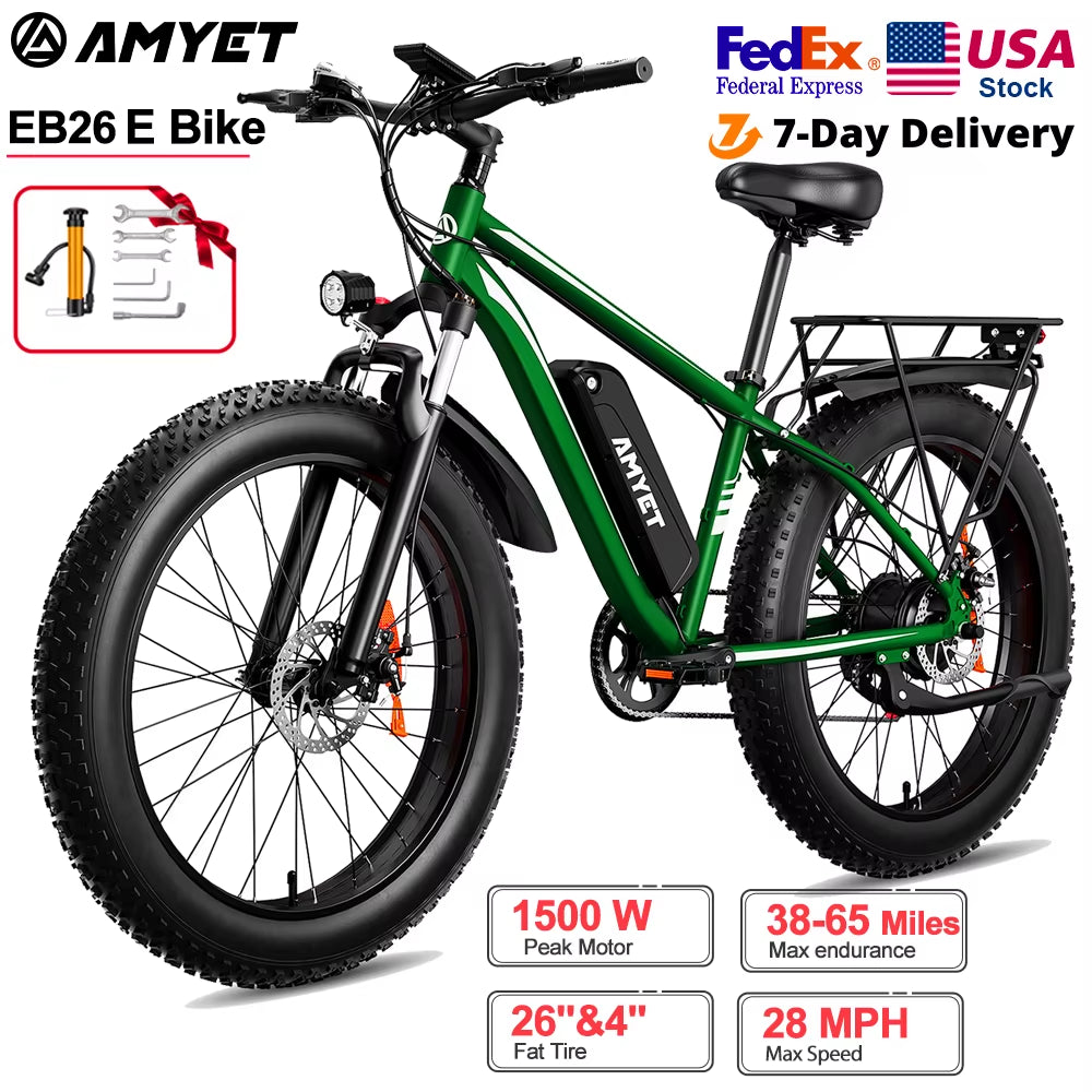 Electric Bike EB26 Blue Adults Electric Bicycle 31Mph Peak 1500W 720WH Ebike 26" Fat Tire Mountain Bike Electric Dirt Bike