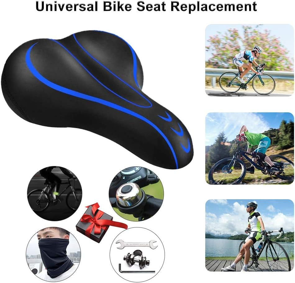 Bike Seat for Women Men-Replacement Wide Bicycle Saddle Memory Foam Waterproof Padded Soft Bike Cushion with Dual Shock Absorbing Rubber Balls Universal Fit for Indoor/Outdoor Bikes